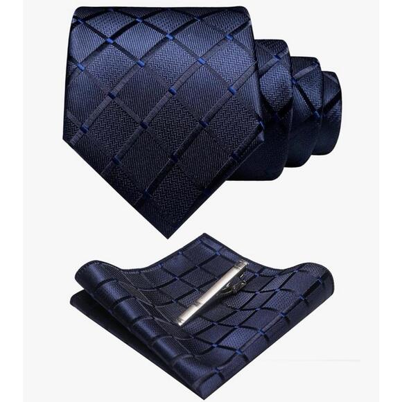 Solid Color Mens Plaid Tie and Pocket Square with Tie Clip Set Navy Blue - Picture 1 of 1
